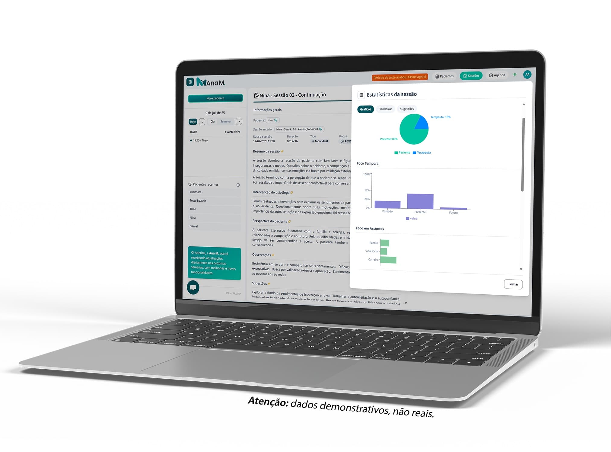 Notebook com a plataforma Ana M aberta na sessão de um paciente: resumo, intervenção e observações à esquerda, painel de estatísticas com gráficos de tempo de fala e foco temporal à direita