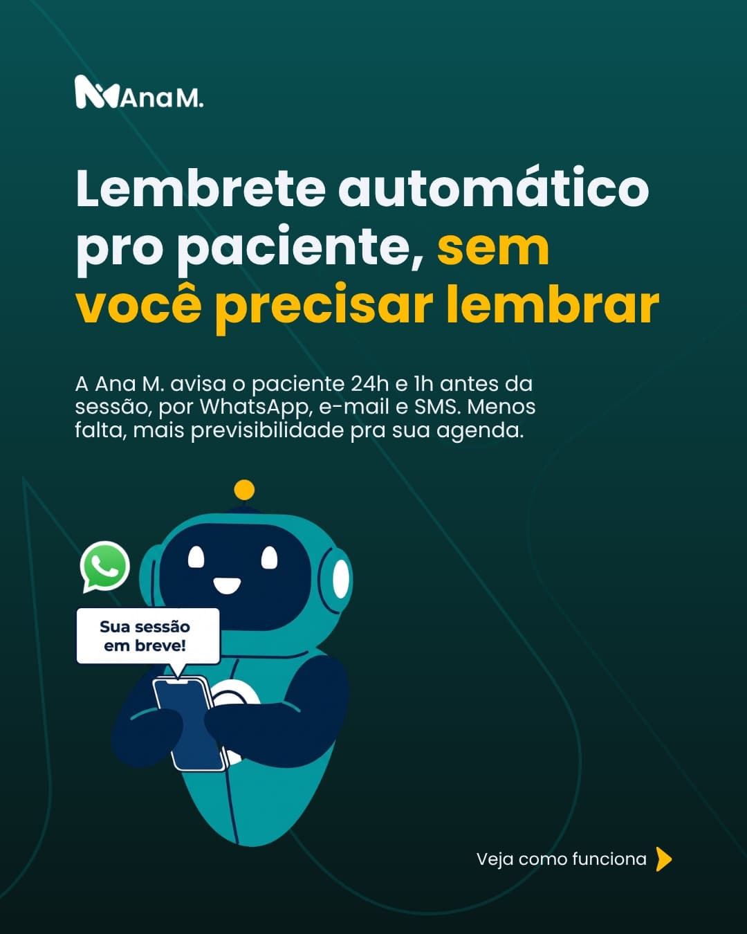 Carrossel da Ana M sobre lembrete automático ao paciente pelo WhatsApp, e-mail e SMS