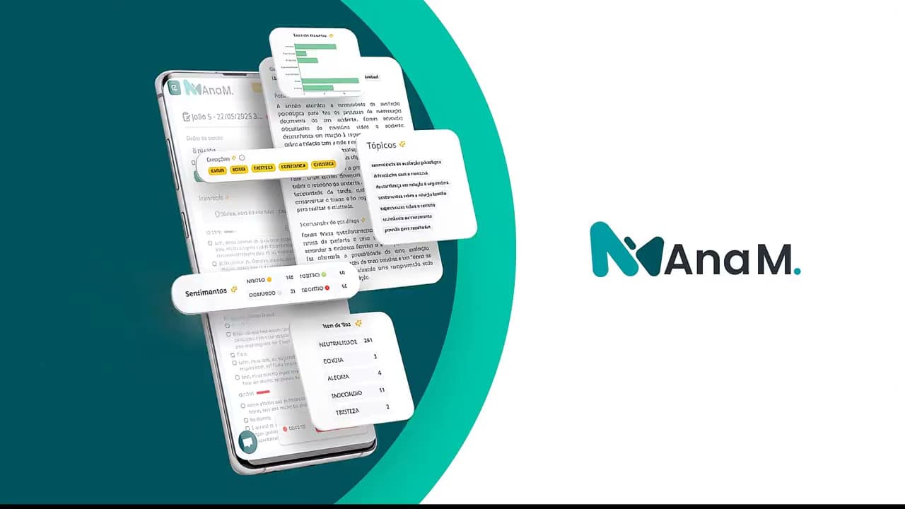 Animação da marca Ana M: a interface da plataforma se abre em cartões e passa para uma profissional usando o aplicativo
