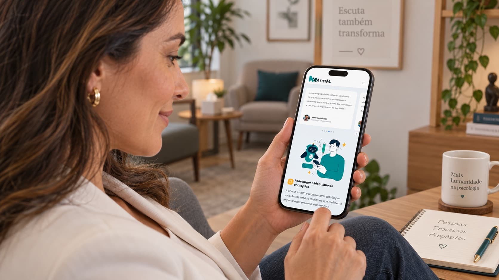Psicóloga sorri enquanto usa o aplicativo Ana M no celular, com caderno de anotações sobre a mesa