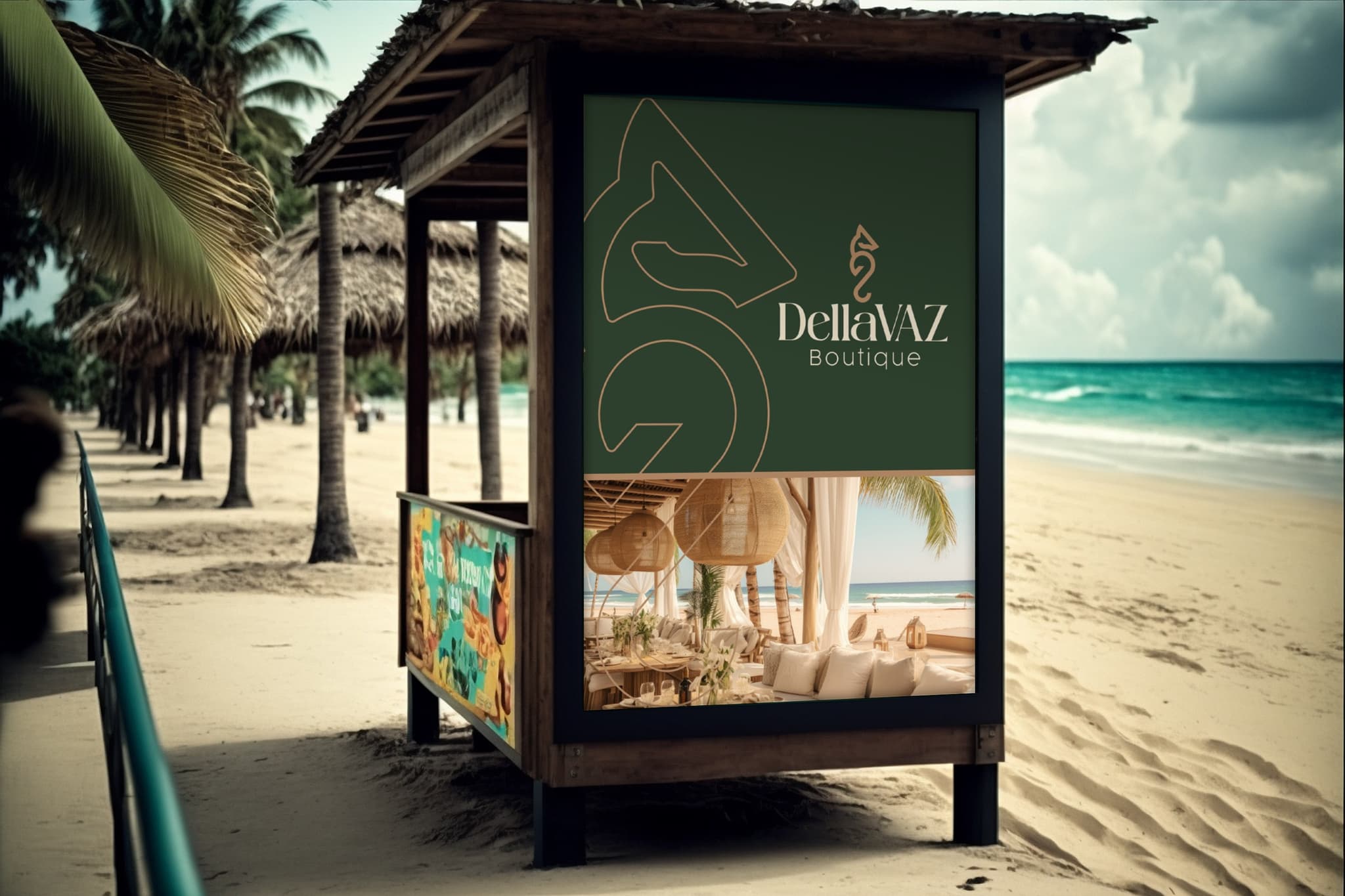 Totem da Dellavaz Boutique em um quiosque à beira-mar