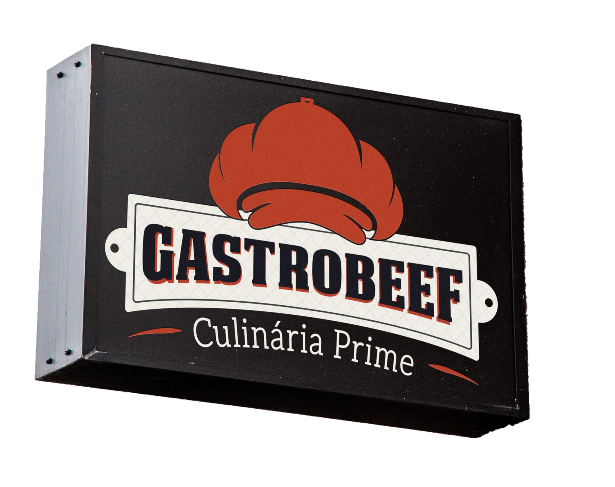 Placa-bandeira preta projetada da parede com o logotipo GastroBeef: touca de chef vermelha sobre a chapa branca com o nome e o descritivo “Culinária Prime”