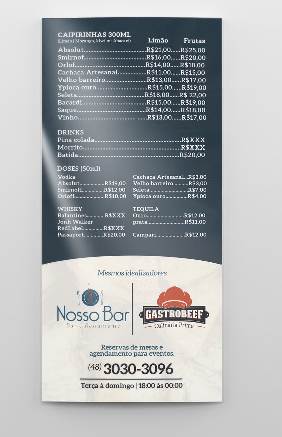 Cardápio de bebidas da GastroBeef com a lista de caipirinhas, doses e whiskys e, no rodapé claro, o co-branding com o Nosso Bar e o telefone de reservas