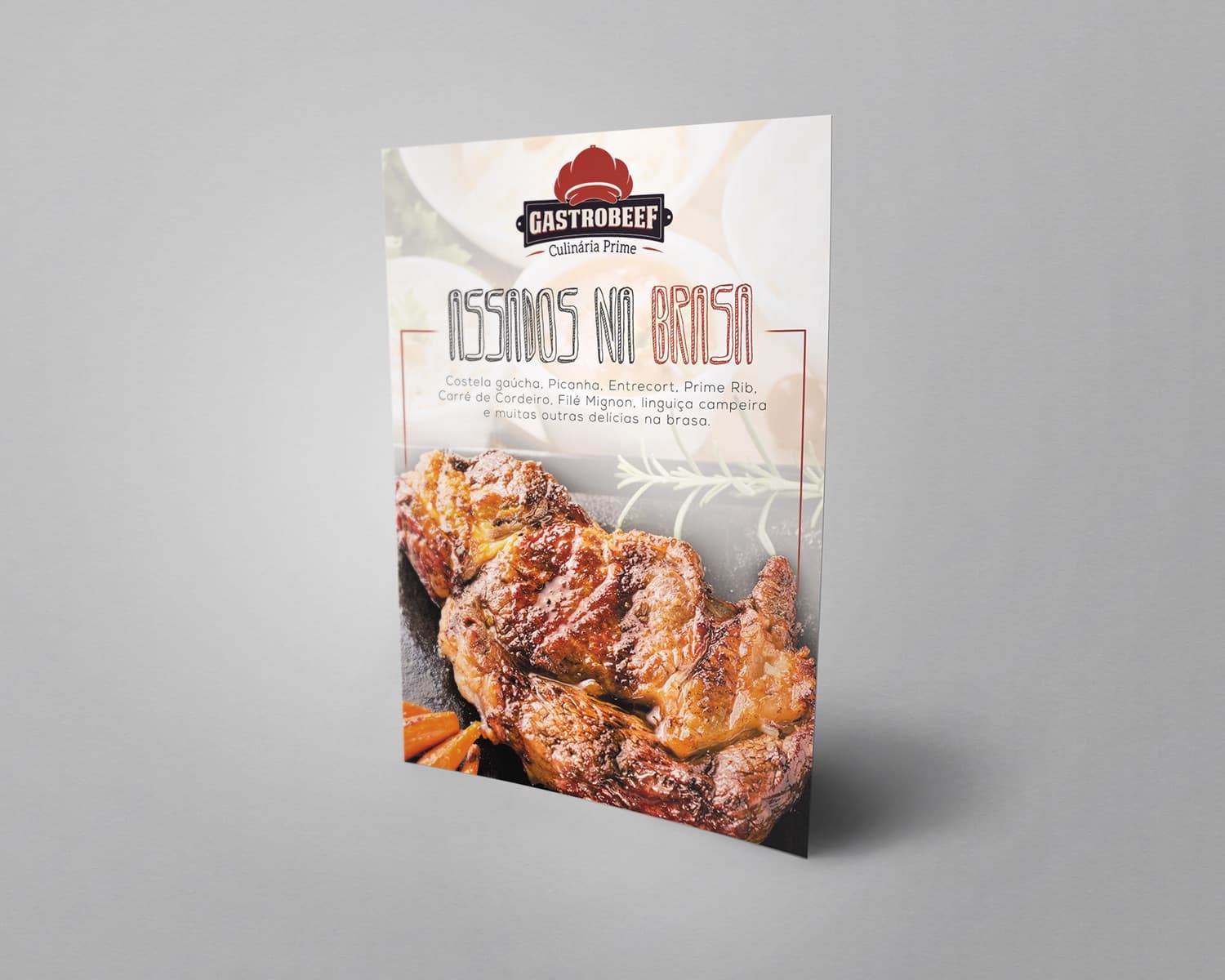 Flyer “Assados na brasa” com a lista de cortes — costela gaúcha, picanha, prime rib — sobre a foto de uma peça de carne assada
