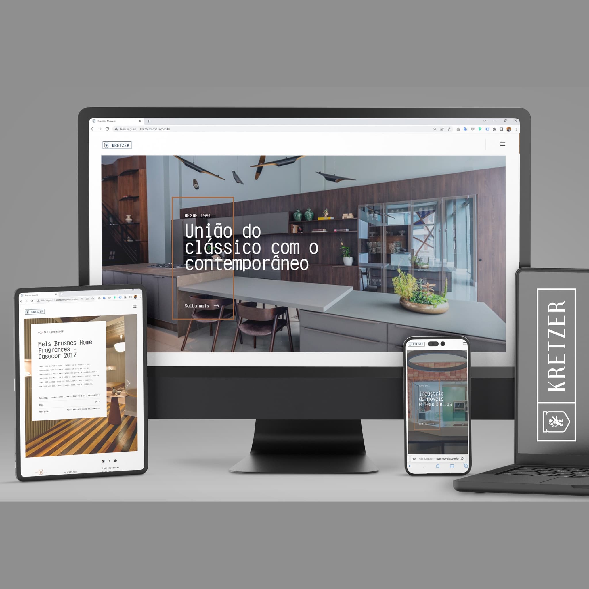 Site da Kretzer Móveis em quatro telas — monitor, tablet, celular e notebook — mostrando um ambiente de marcenaria sob a chamada “União do clássico com o contemporâneo”
