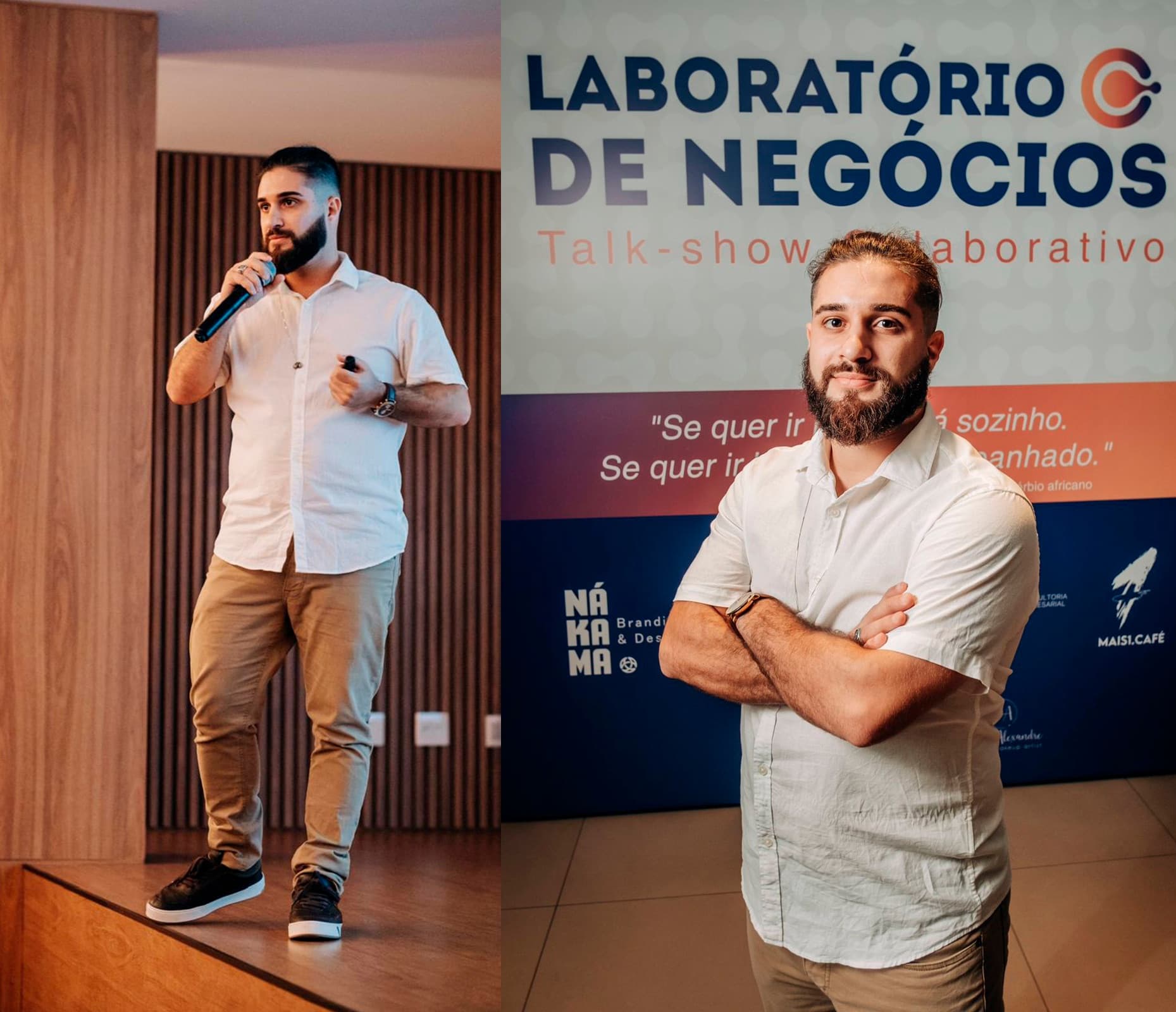 Apresentador do Laboratório de Negócios no palco e em retrato diante do backdrop do talk-show