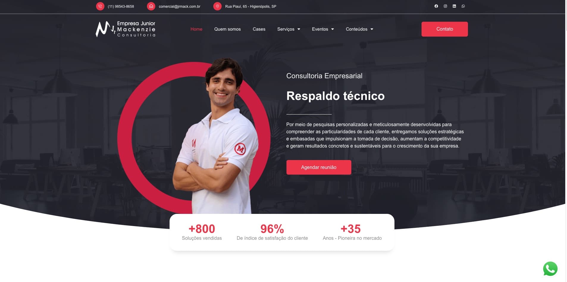 Primeira dobra do site da consultoria, com a chamada “Respaldo técnico”, o botão de agendar reunião e a faixa de indicadores: mais de 800 soluções vendidas, 96% de satisfação e mais de 35 anos de mercado