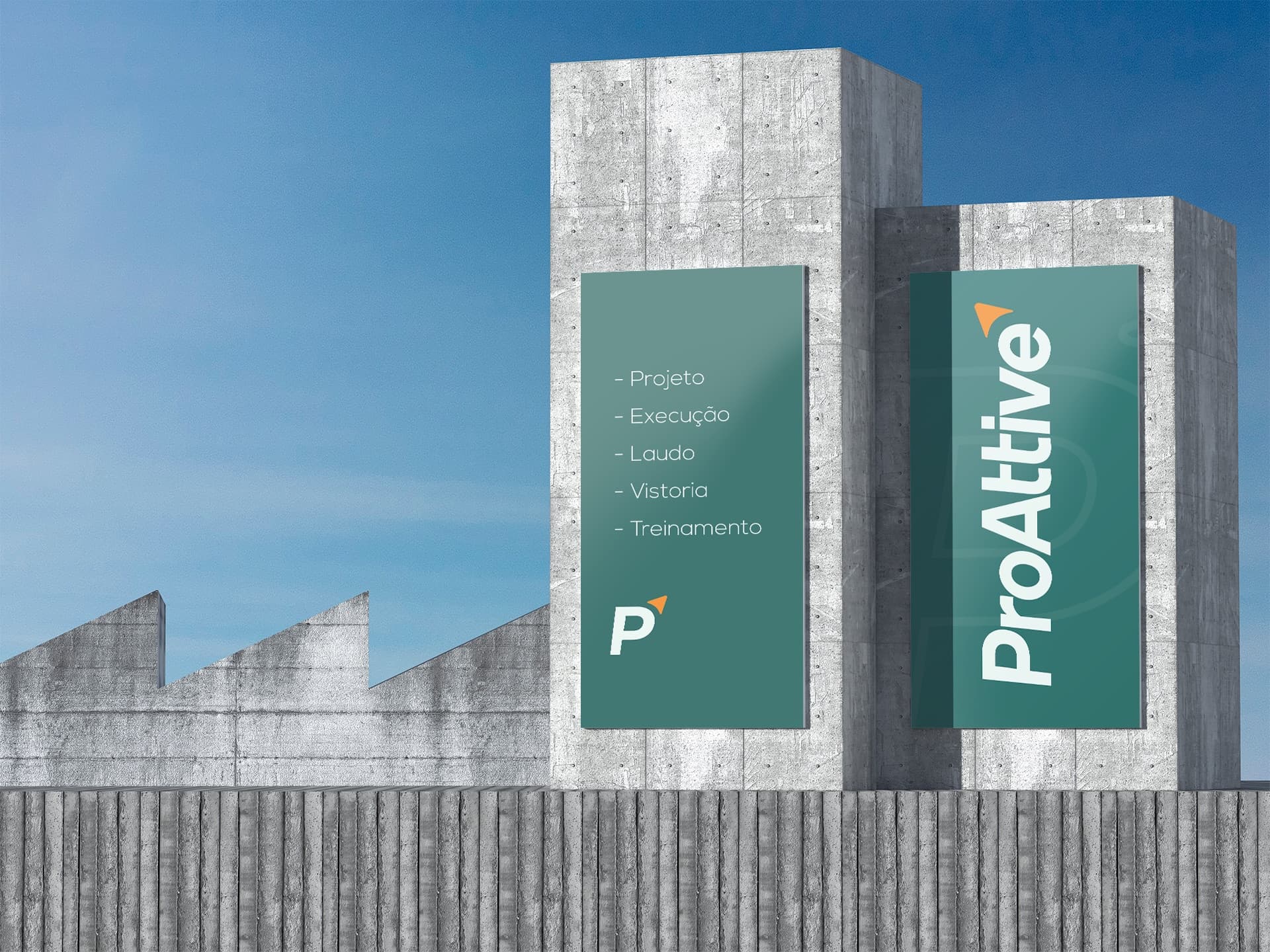 Totens de concreto com painéis da Proattive listando serviços e o nome da marca na vertical