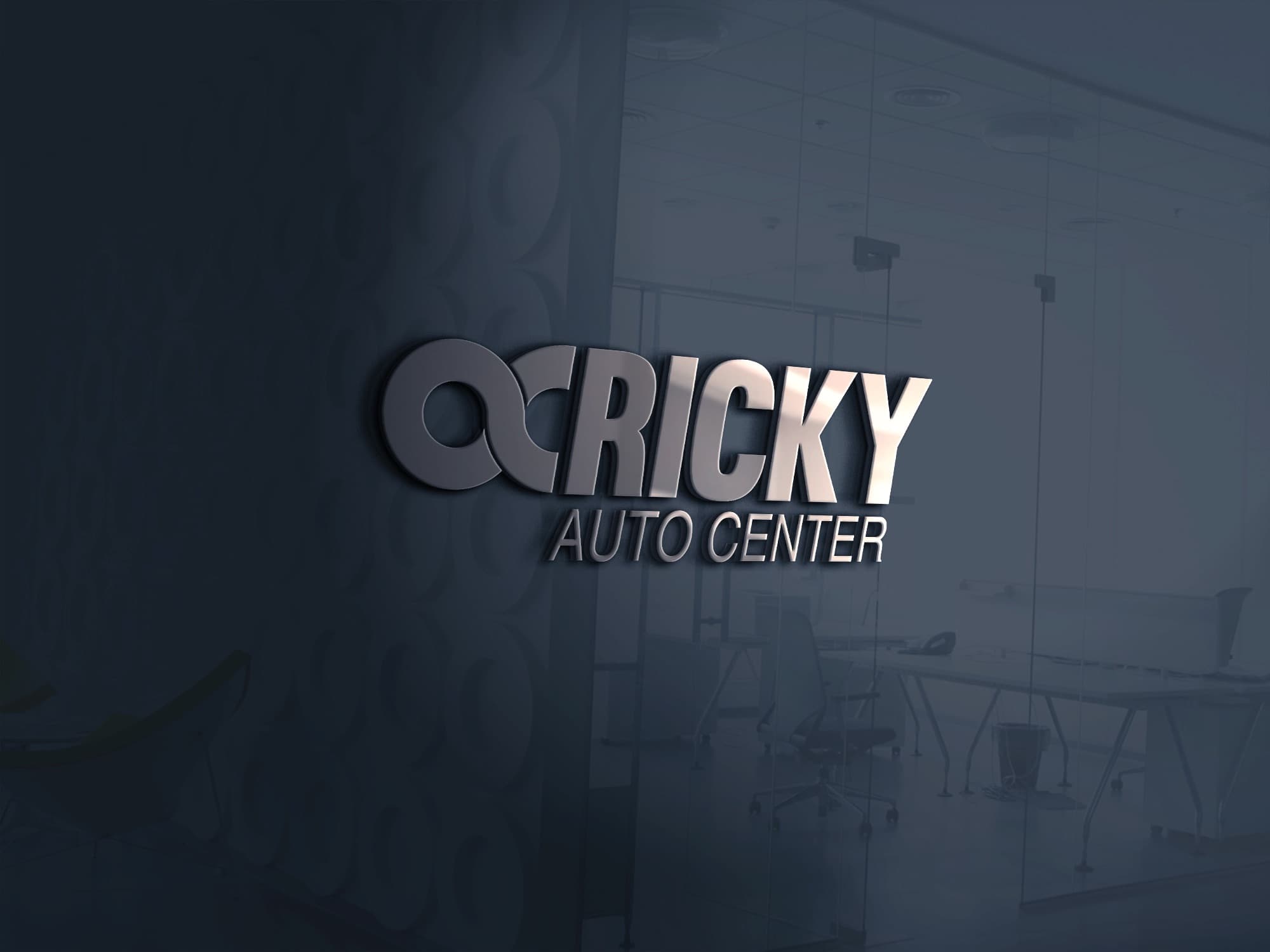 Logotipo Ricky Auto Center em letras 3D metálicas aplicado na parede de vidro da recepção da oficina