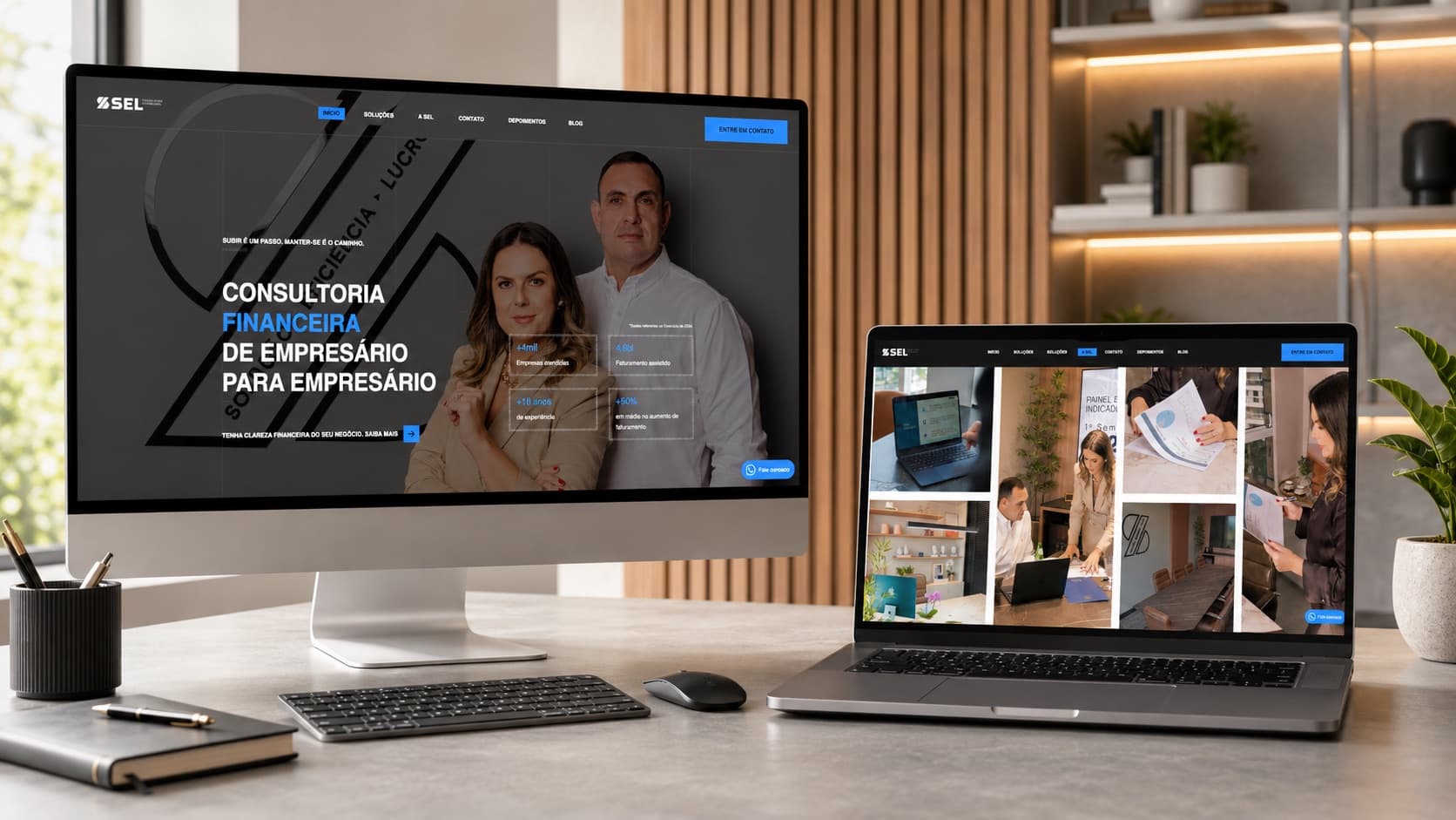 Site da SEL Consultoria em monitor e notebook, com a chamada De empresário para empresário