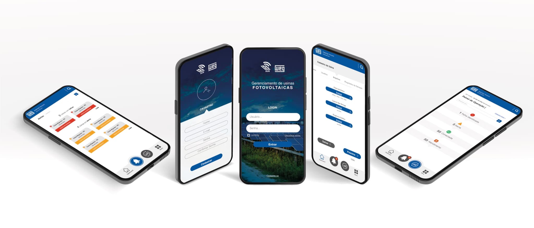 Quatro celulares com o aplicativo SUN WEG: cadastro, login, painel de operação e indicadores de economia