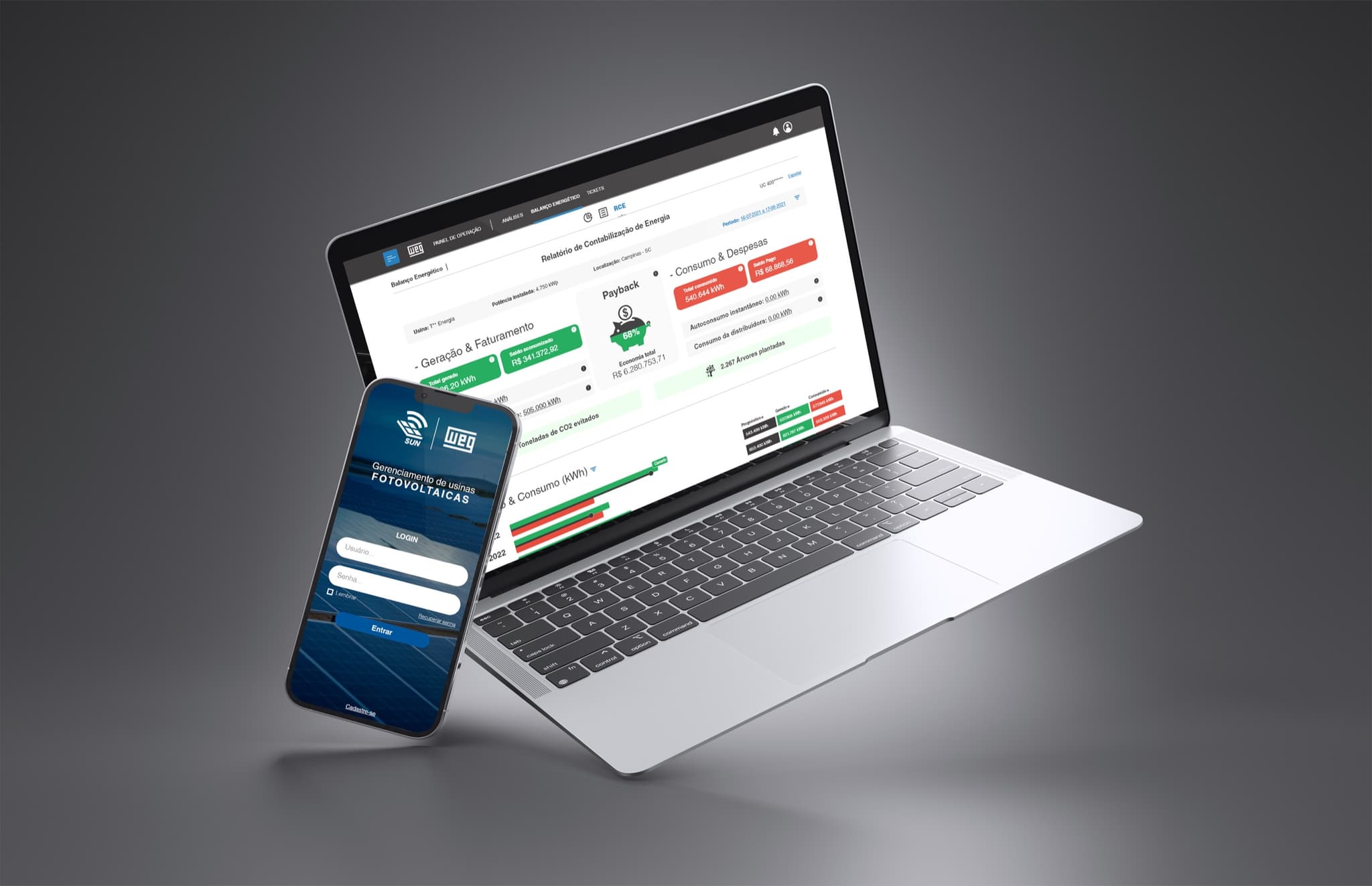 Painel web de contabilização de energia da WEG em notebook e tela de login do SUN WEG no celular