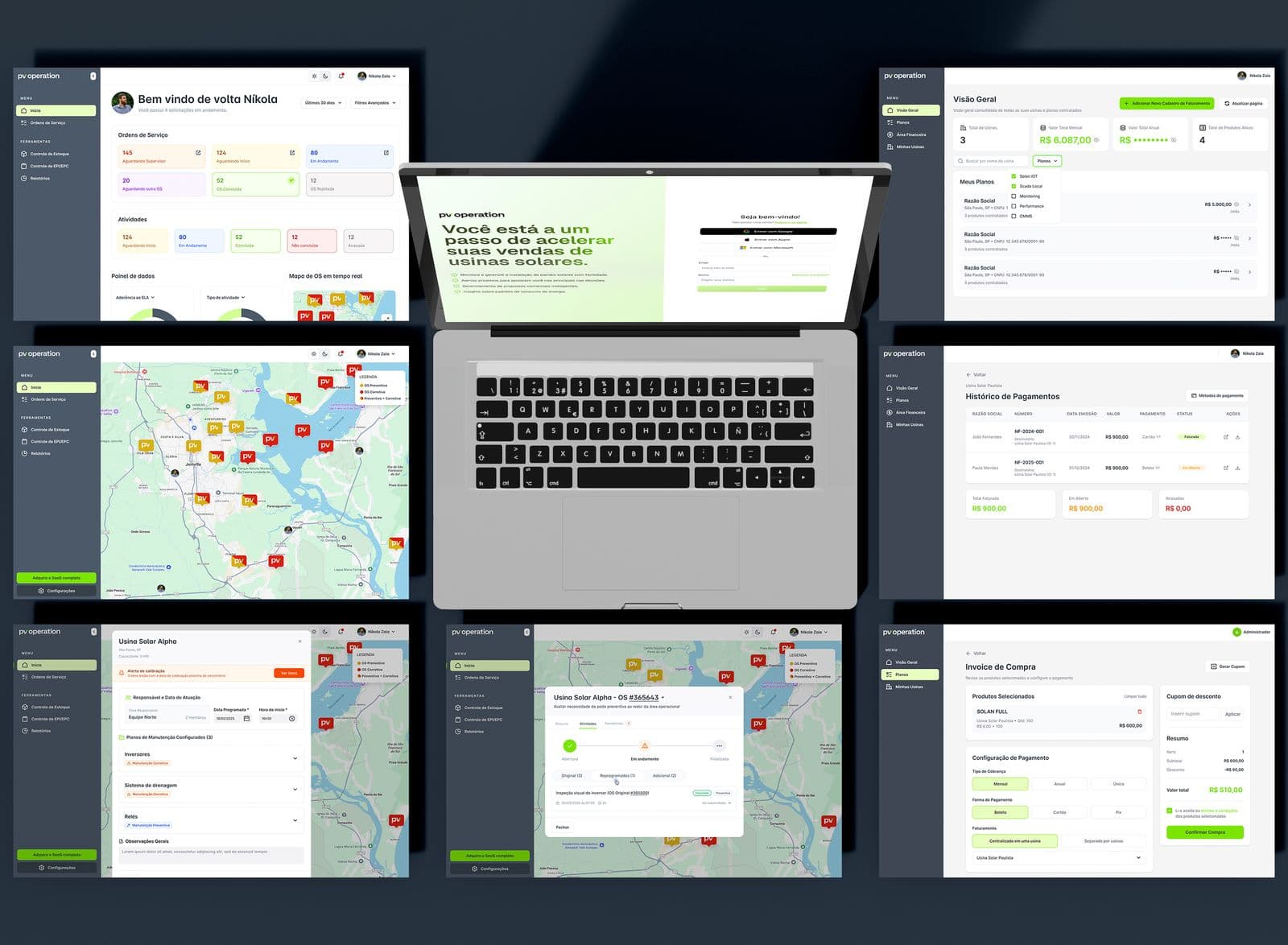 Sistema de gestão de manutenção da PV Operation em notebook e celular