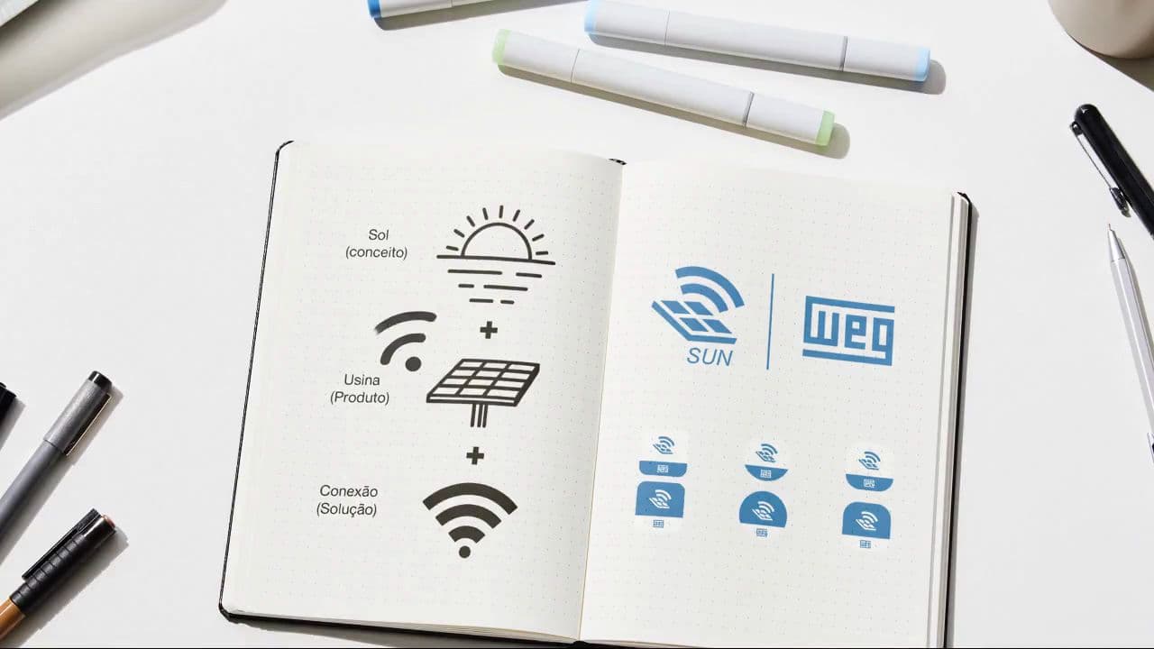Caderno aberto com o conceito da marca SUN WEG — sol, usina e conexão somados — ao lado do lockup SUN | WEG