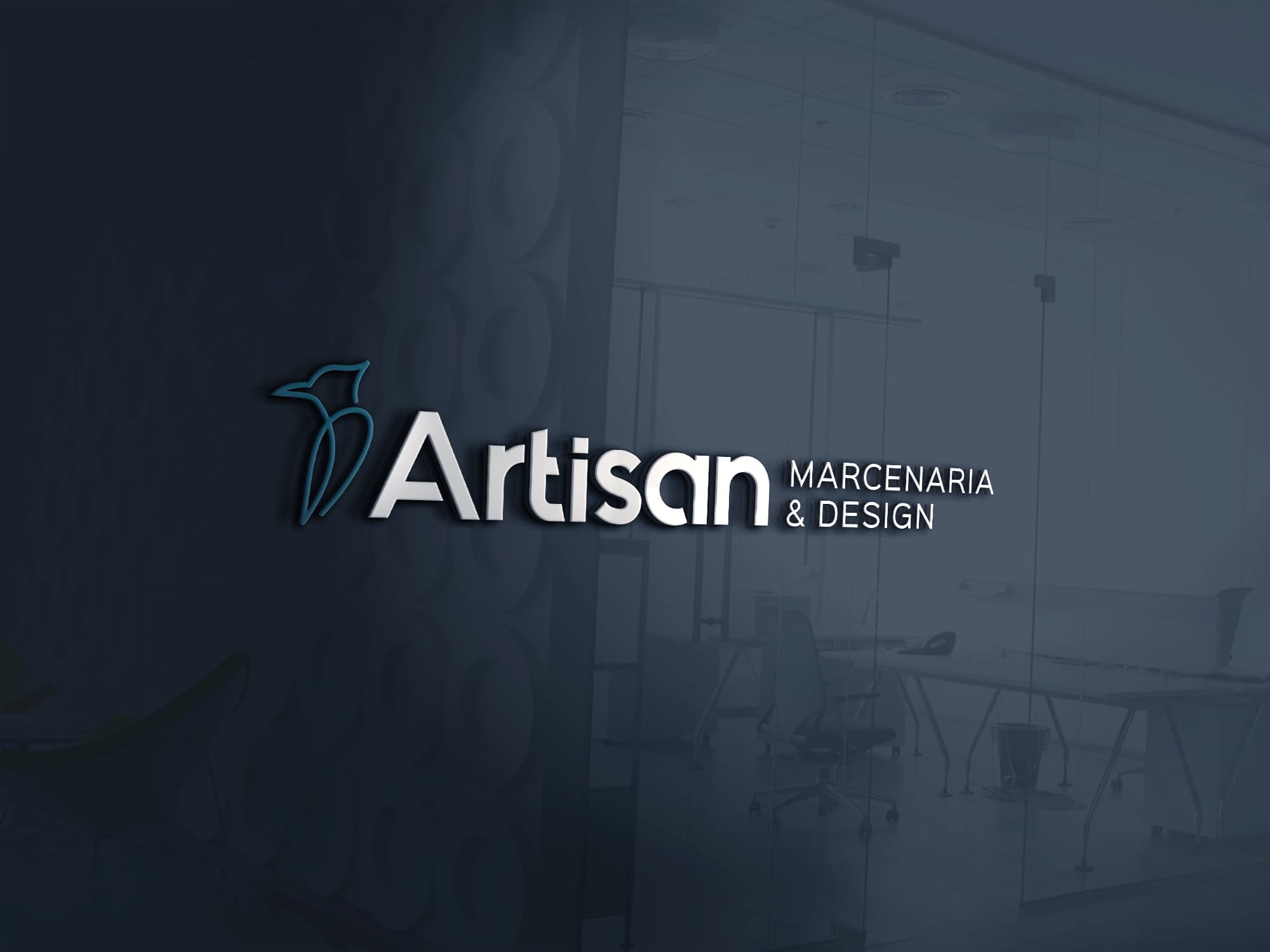 Logotipo Artisan Marcenaria e Design em relevo sobre vidro escuro