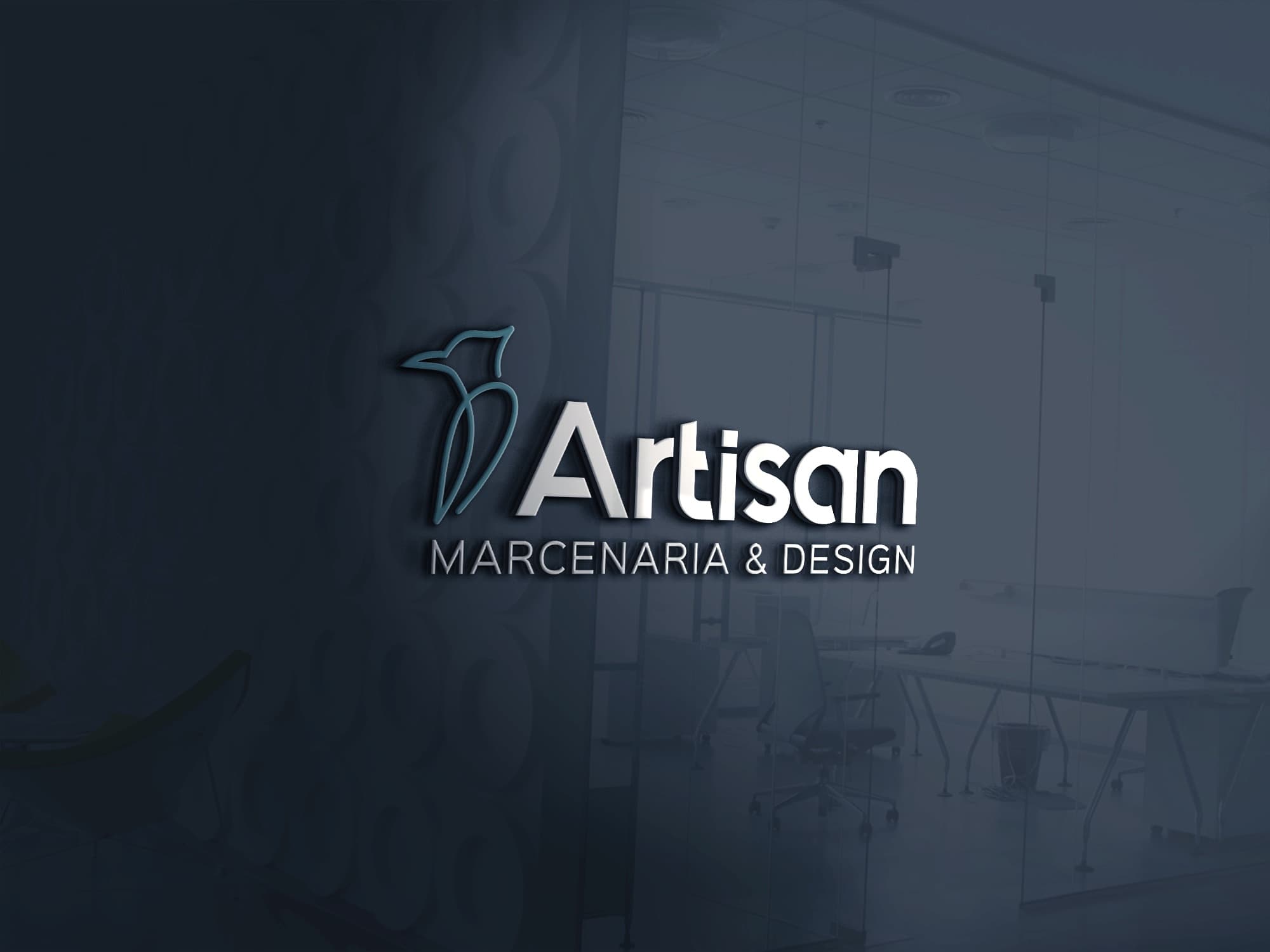 Variação do logotipo Artisan aplicada sobre fundo azul-escuro