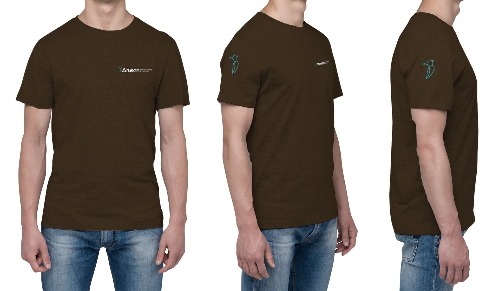 Camiseta marrom do uniforme da Artisan vista de frente, de lado e de costas