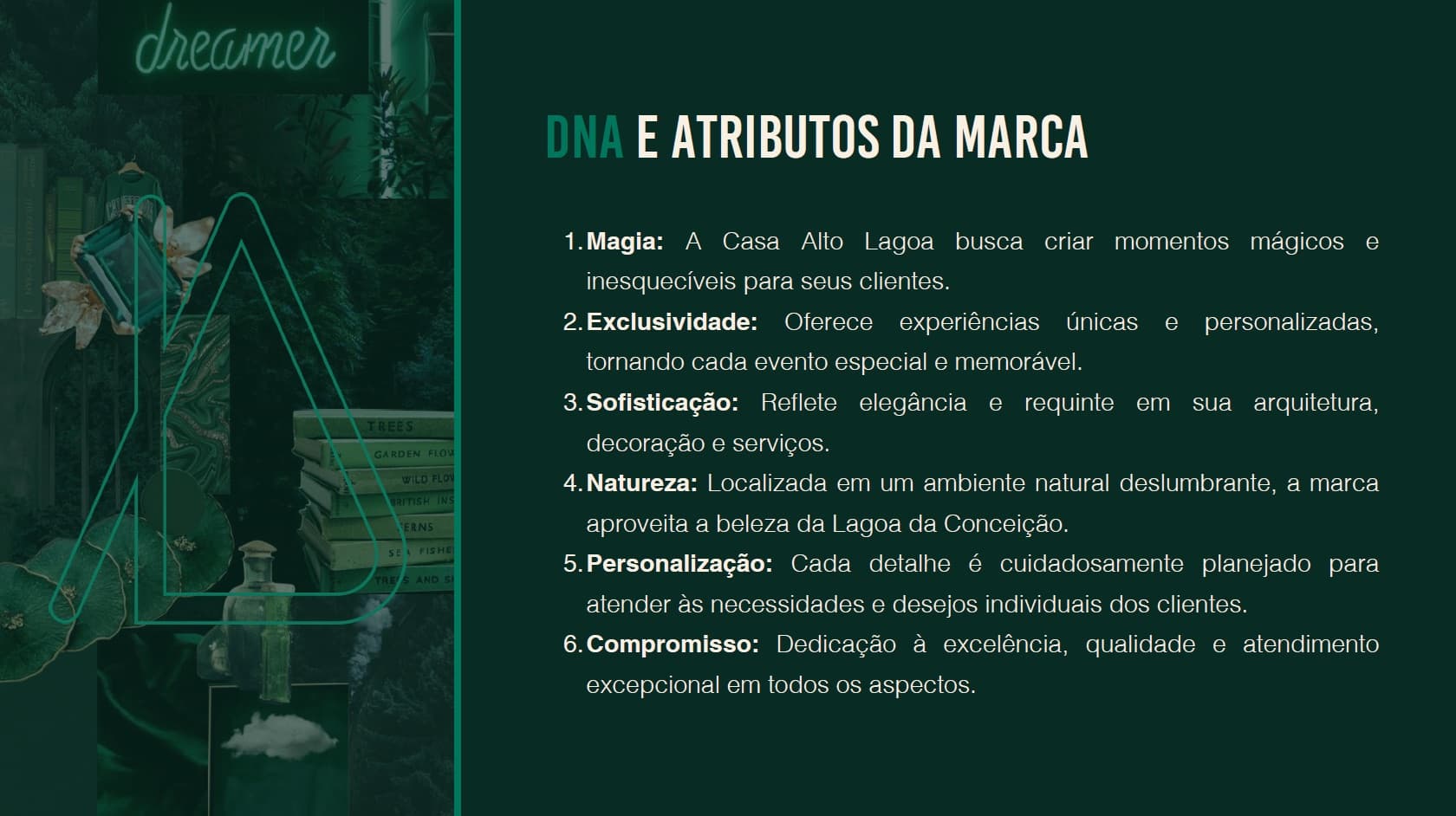 Página do DNA e atributos da marca Casa Alto Lagoa sobre fundo verde esmeralda