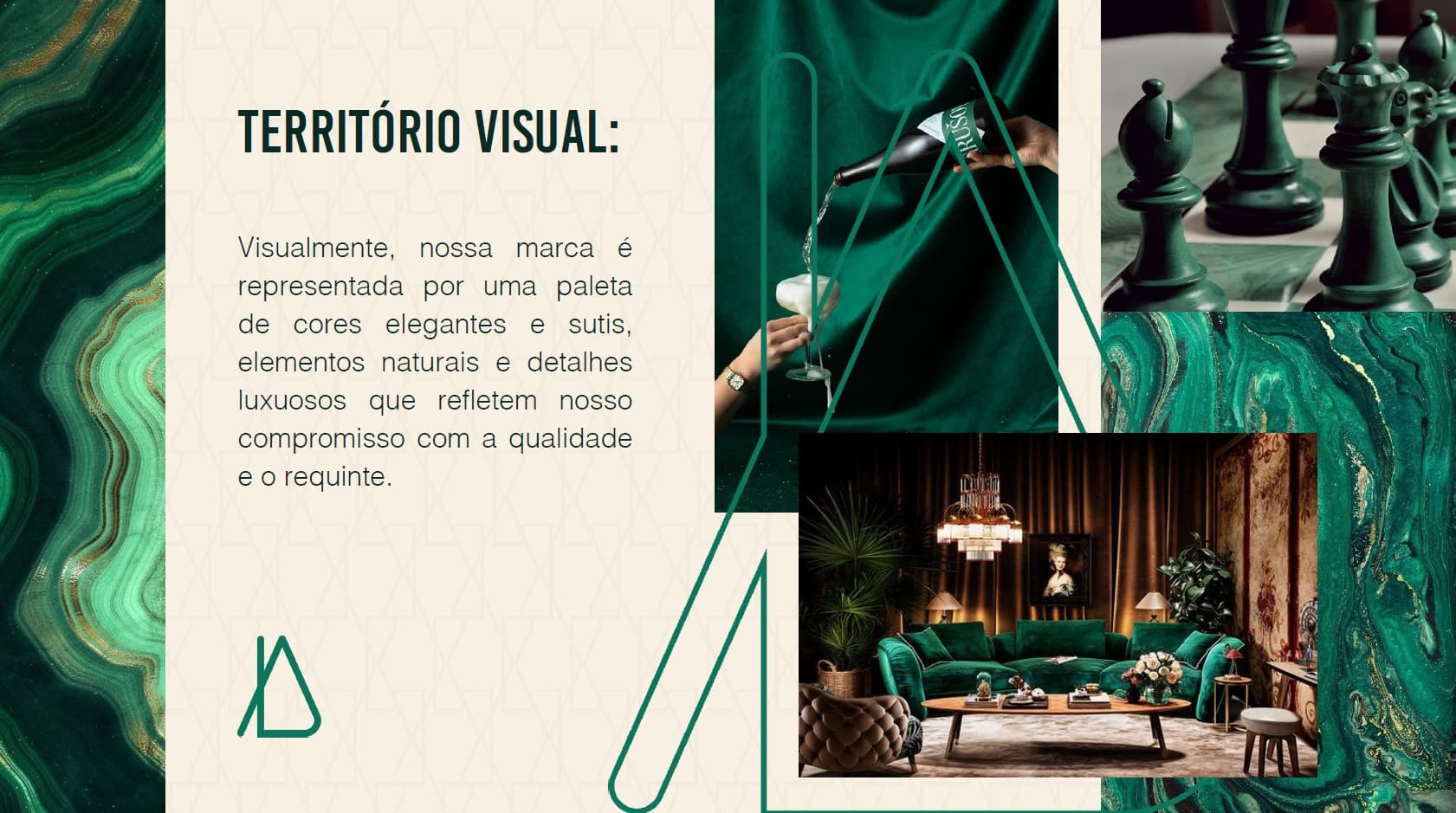 Território visual da marca com texturas de malaquita, ambientes sofisticados e peças em verde esmeralda