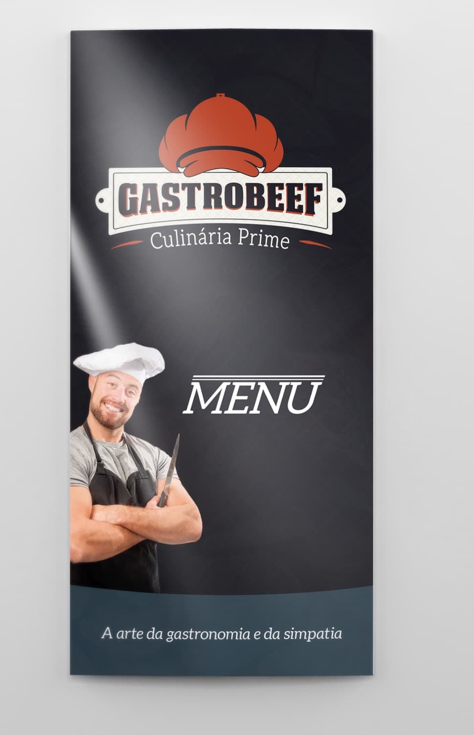 Capa do cardápio da GastroBeef com o chef de braços cruzados e a palavra Menu