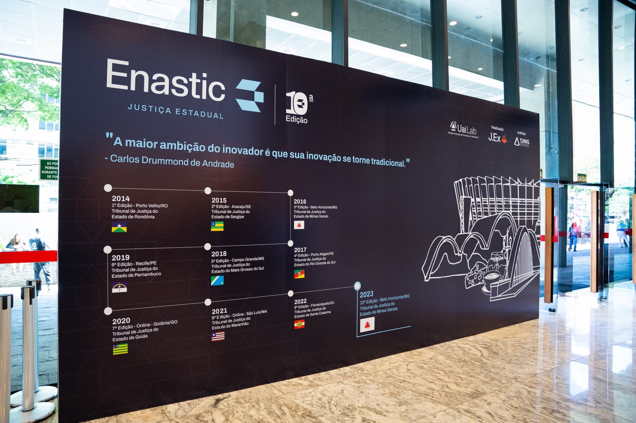 Painel de parede do encontro com a marca e a programação do evento na área de exposição