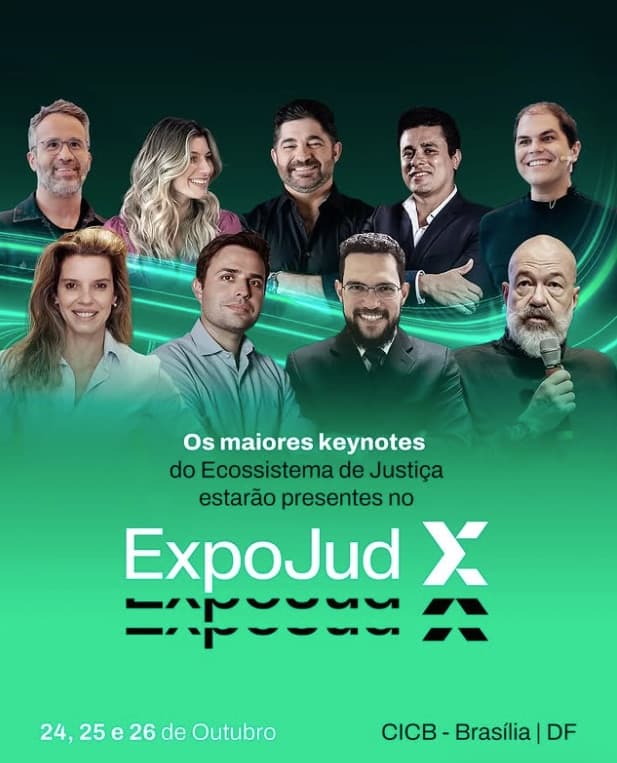 Peça de divulgação dos principais keynotes do ExpoJud 2023, com os palestrantes lado a lado