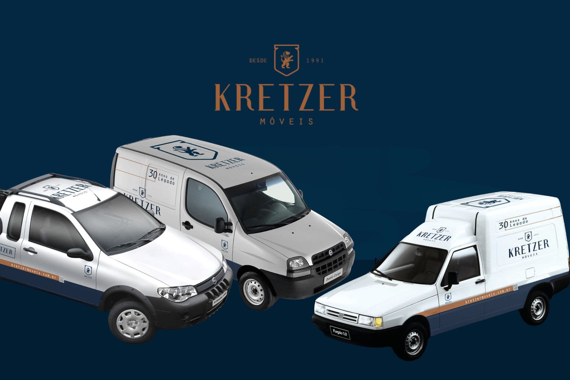 Vans e picapes da Kretzer vistas do alto, com a marca aplicada também nos tetos