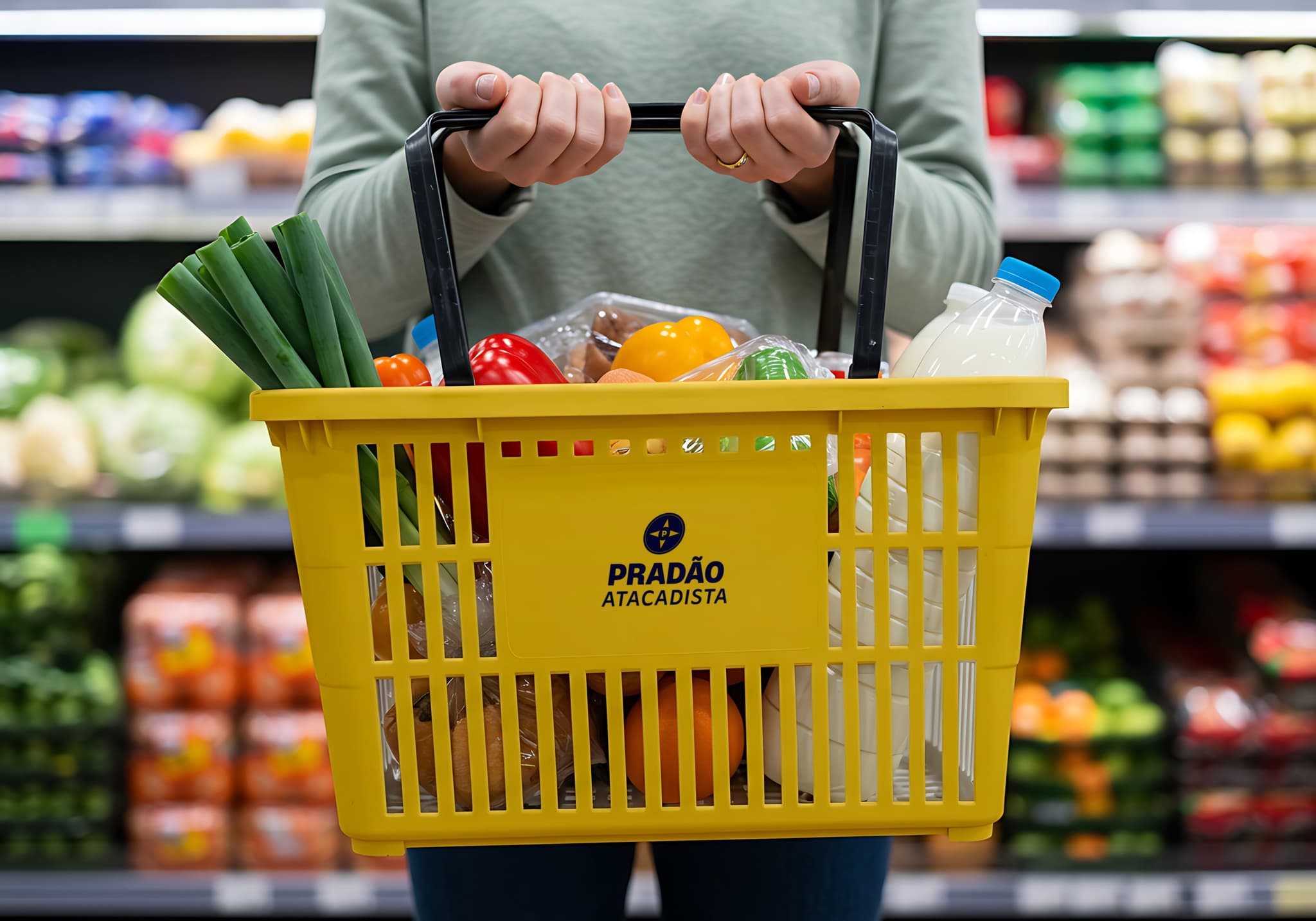 Cliente segurando cesta amarela do Pradão Atacadista cheia de frutas e verduras no corredor do supermercado