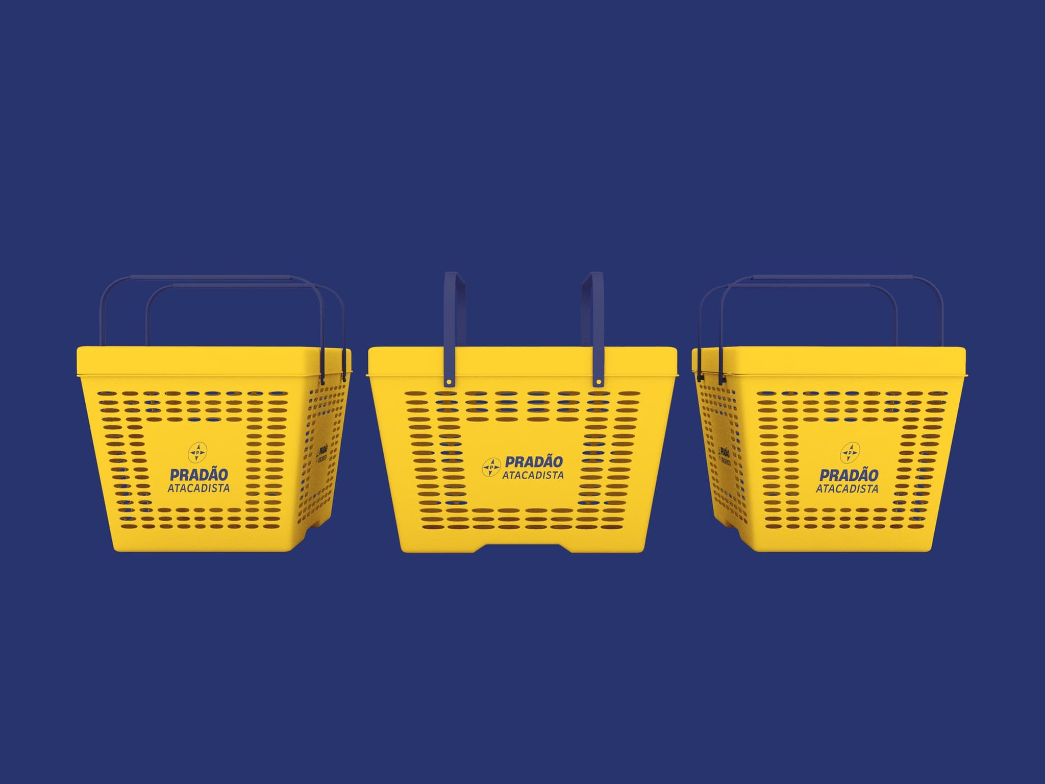 Cestas de compras amarelas com a marca Pradão Atacadista sobre fundo azul