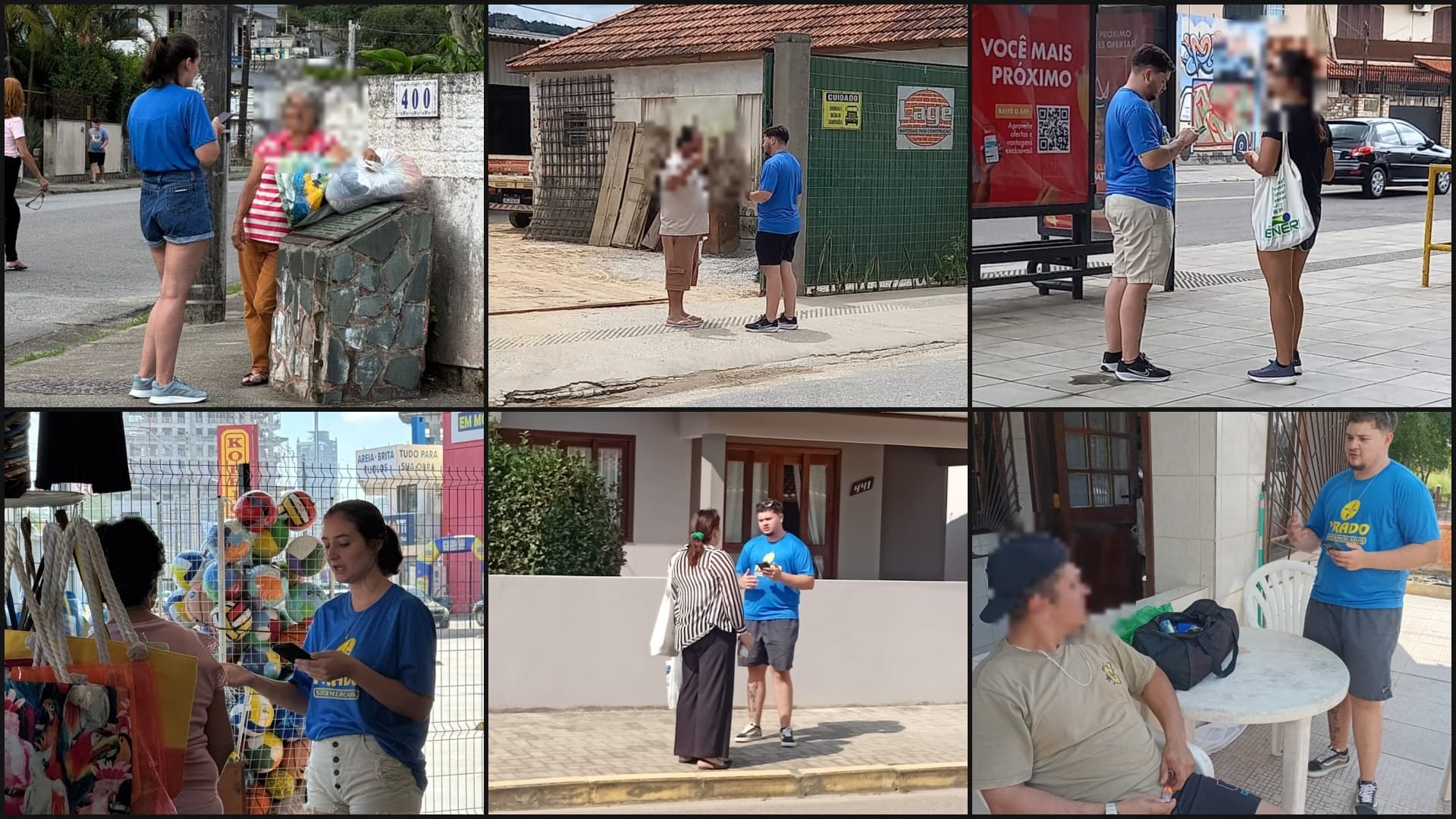 Mosaico de fotos da pesquisa de campo do Prado, com entrevistadores conversando com moradores nas ruas