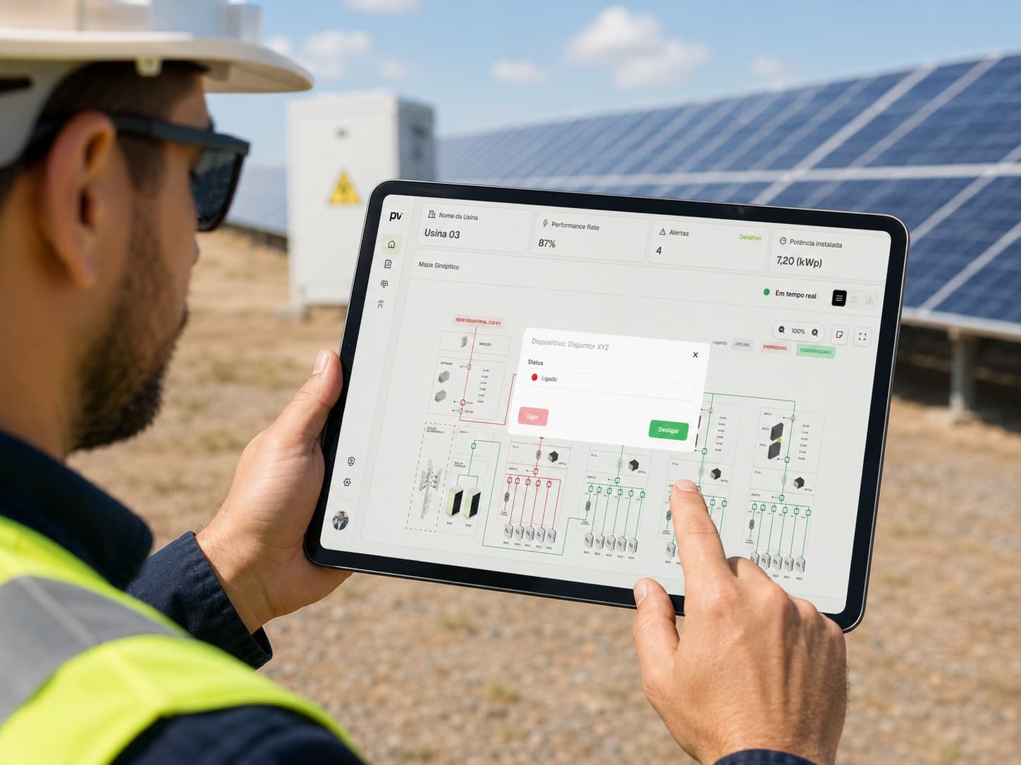 Técnico de campo com capacete opera o mapa sinóptico da PV Operation em um tablet, em frente a uma usina solar