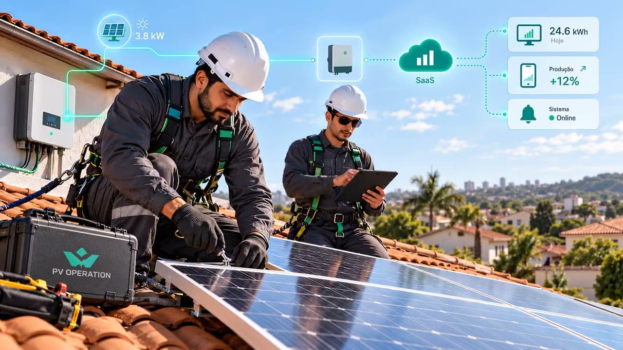 Abertura da campanha da PV Operation: dois técnicos instalando placas solares em telhado, com indicadores de geração sobrepostos