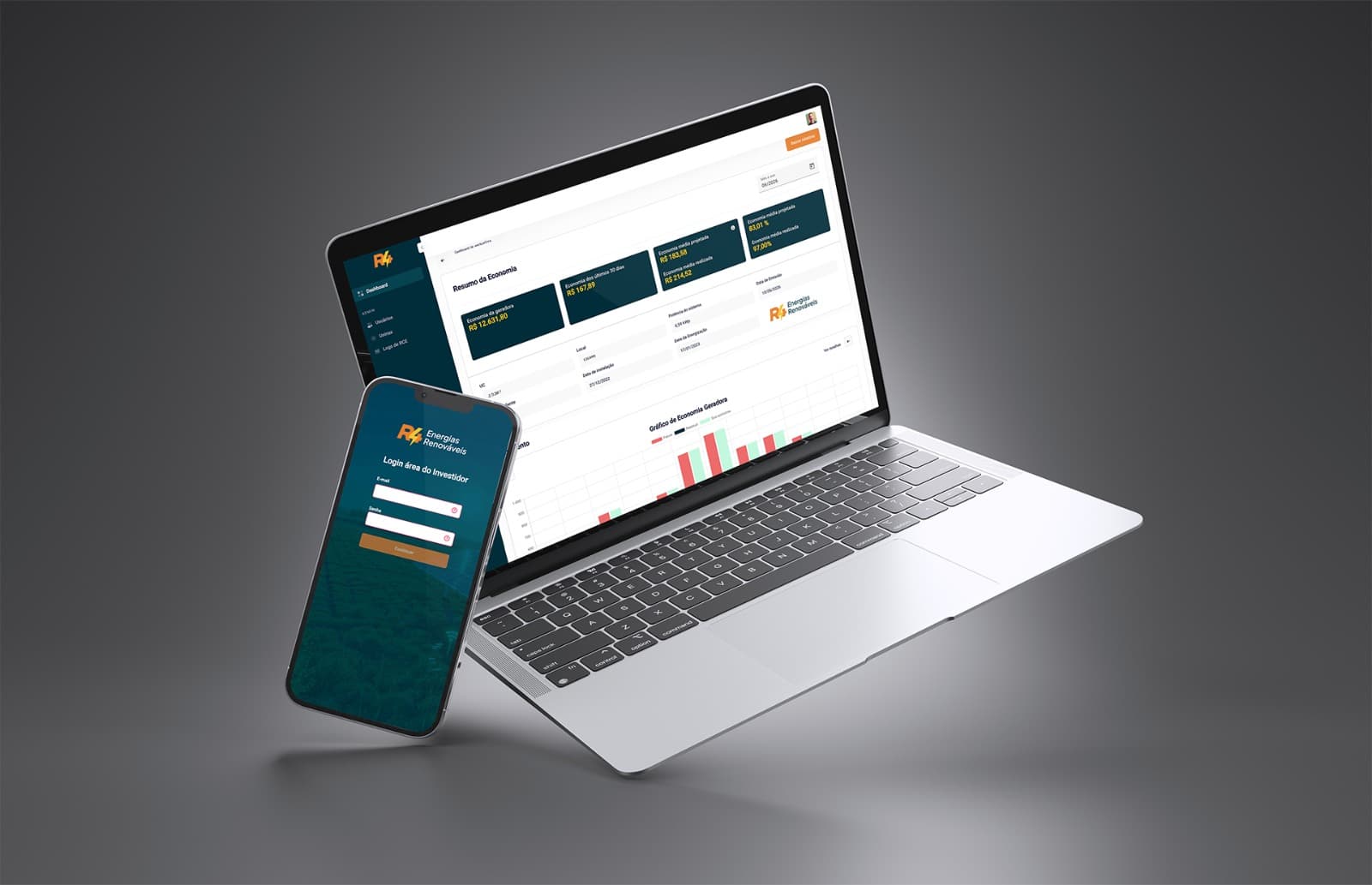 Plataforma R4 Energias em notebook e celular: dashboard de economia e login da área do investidor