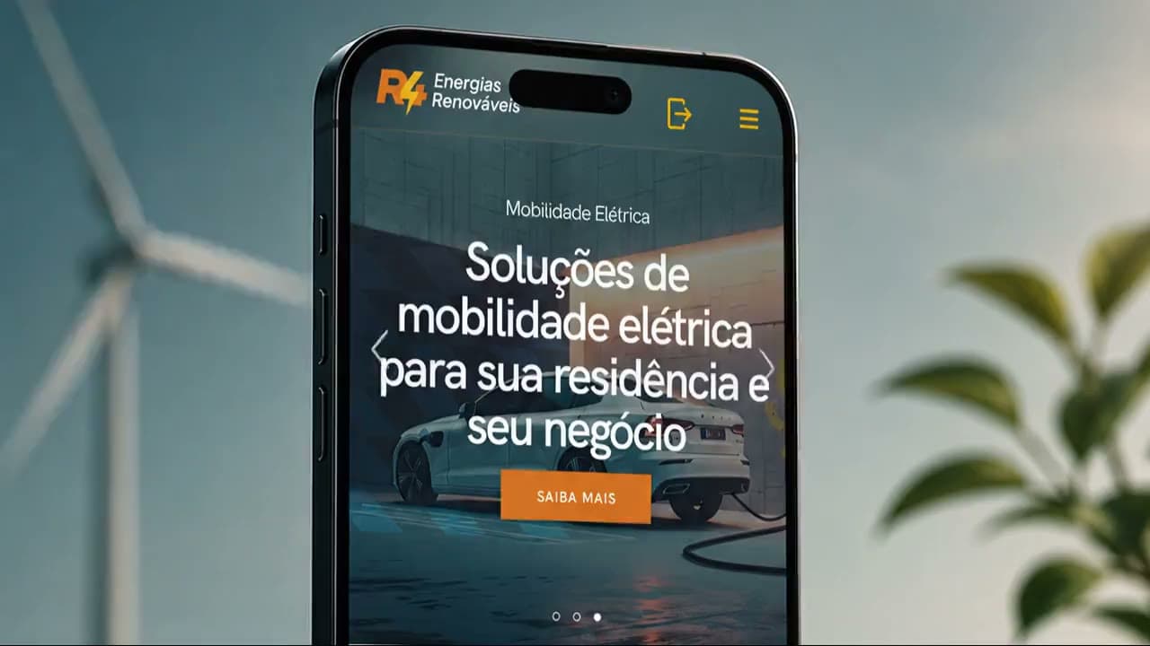 Celular com a home do site da R4 Energias: chamada de mobilidade elétrica sobre foto de um carro carregando