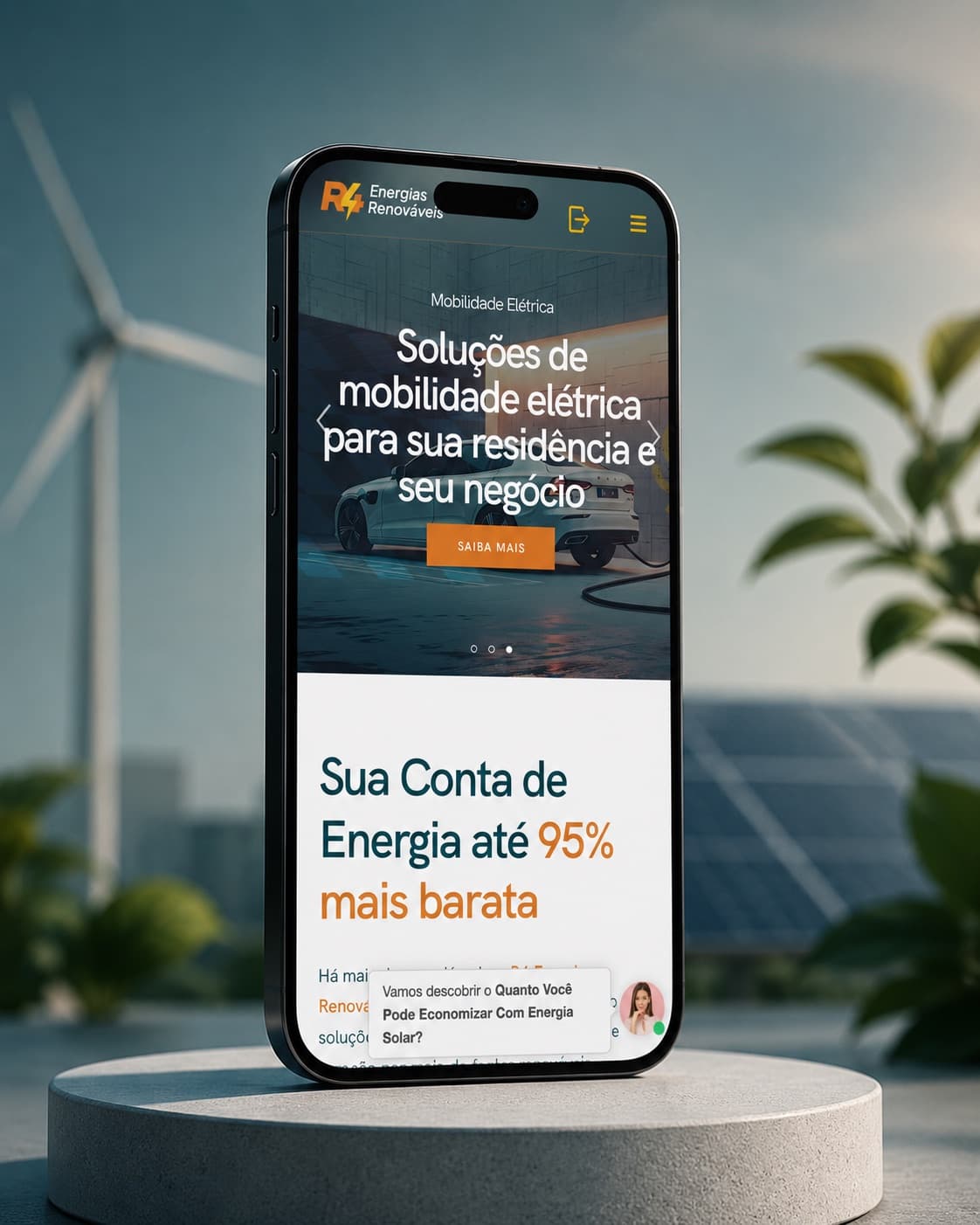 Home do site da R4 Energias no celular, com a chamada de mobilidade elétrica e o bloco de conta de energia até 95% mais barata
