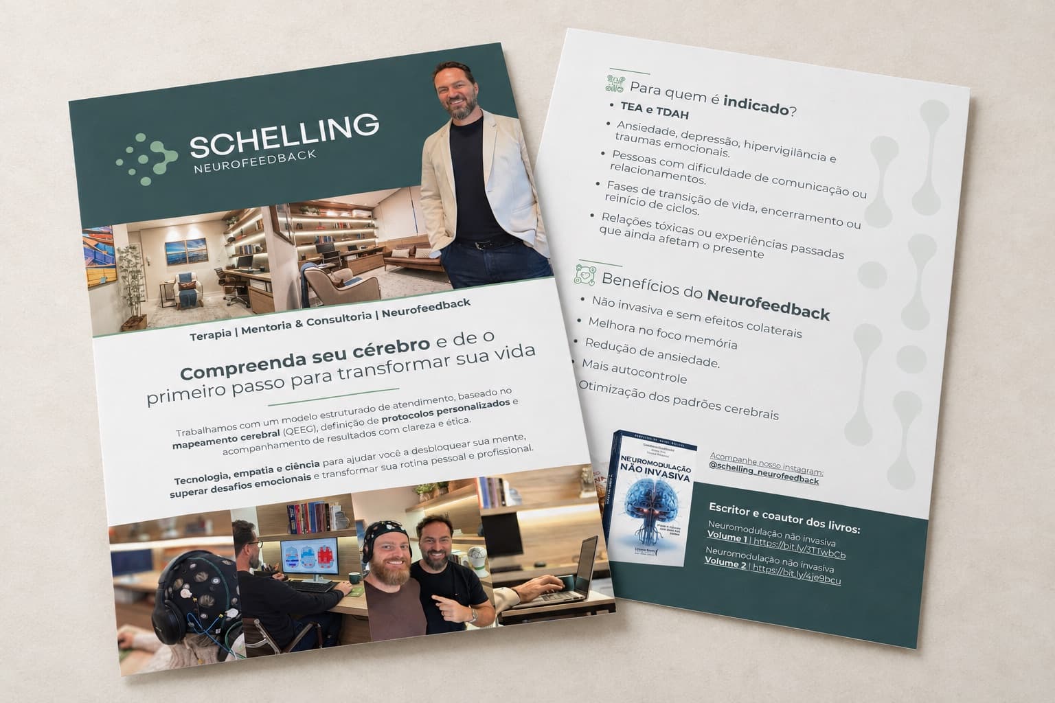 Folder e cartaz da Schelling Neurofeedback com o fundador e a chamada Compreenda seu cérebro