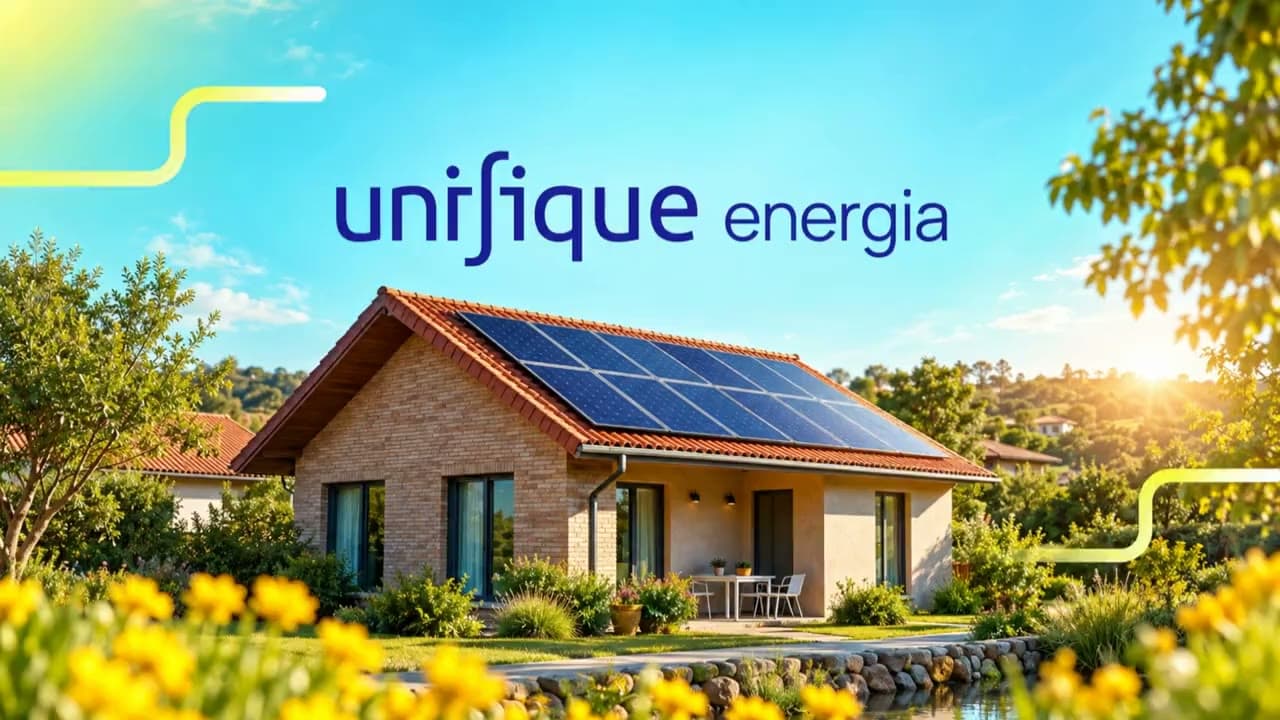 Casa com telhado de placas solares ao sol, sob o lockup unifique energia