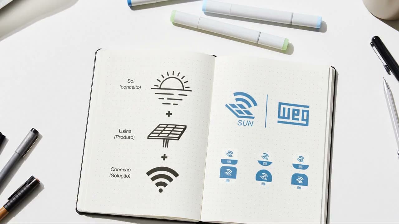 Caderno aberto com o conceito da marca SUN WEG (sol, usina e conexão somados) ao lado do lockup SUN | WEG