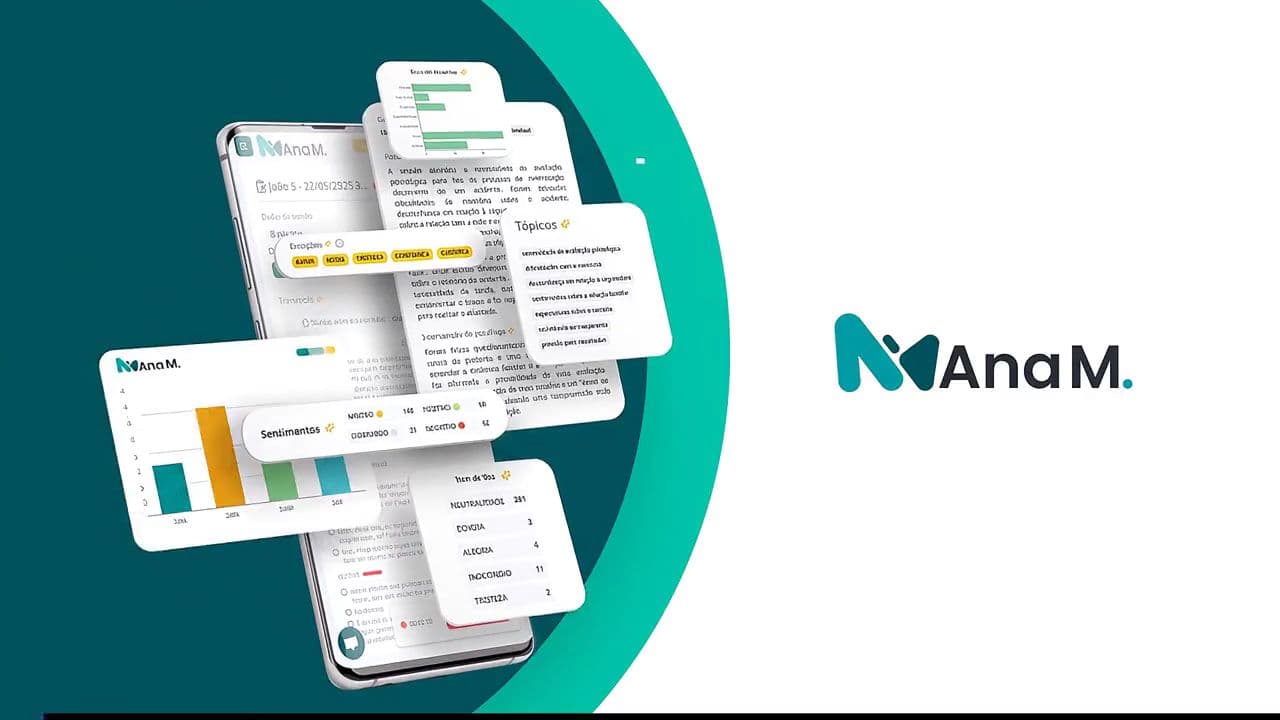 Abertura da animação da Ana M: celular com os cartões de análise da sessão ao lado do logotipo