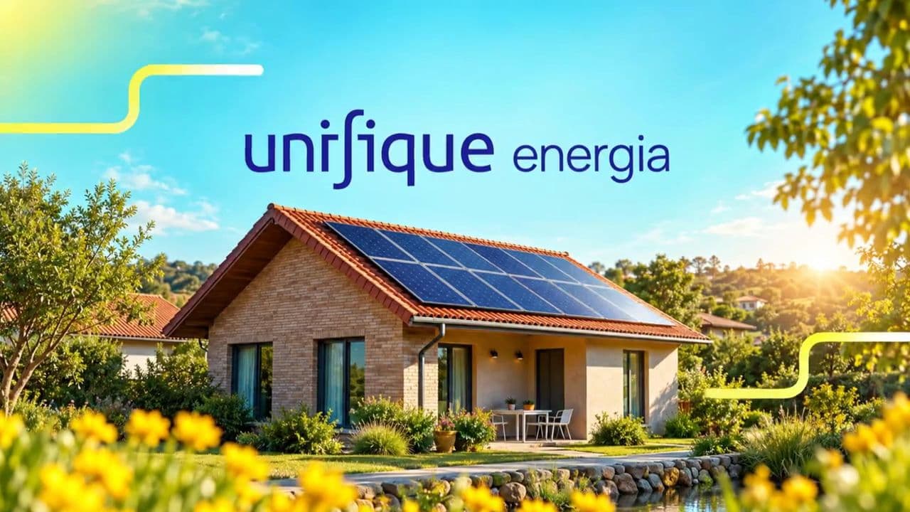 Abertura da campanha da UNIFIQUE Energia: casa com telhado de placas solares ao sol, sob o lockup unifique energia